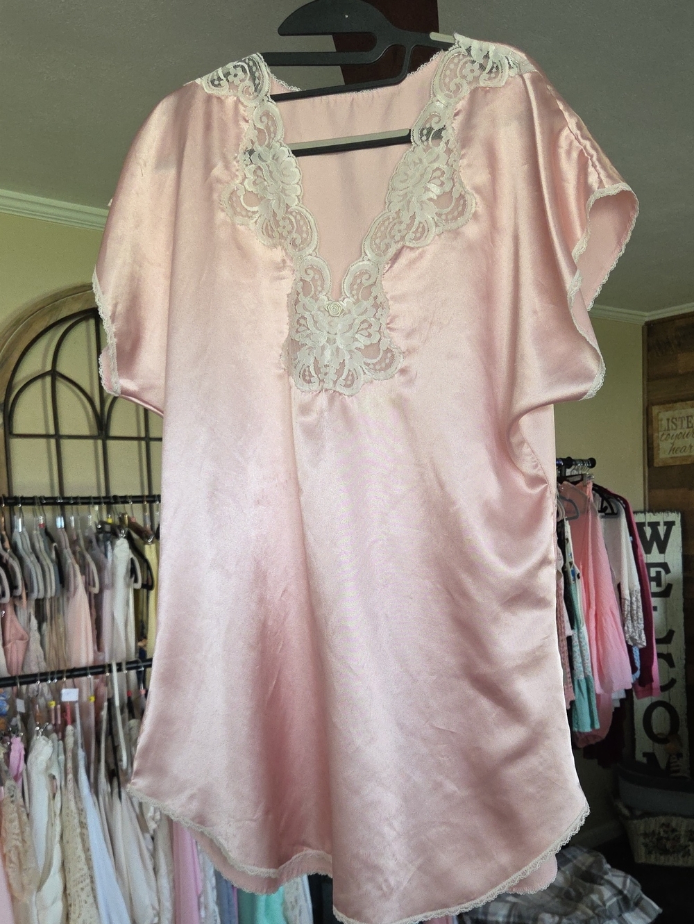 Women's Pink Satin Lace-Trim Sleep Shirt